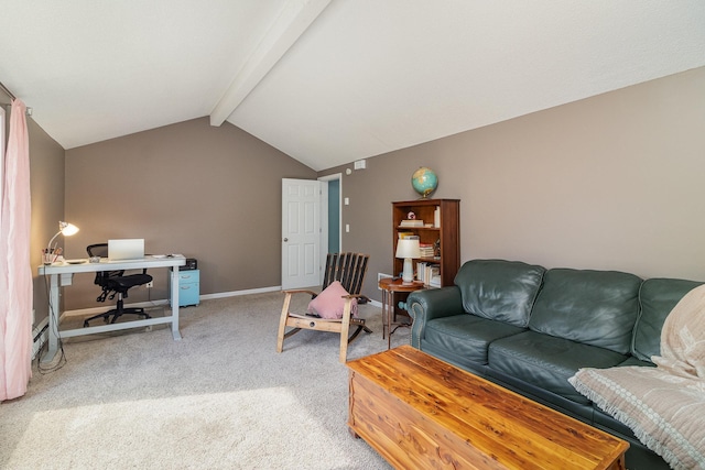 carpeted living room featuring vaulted ceiling with beams and baseboards