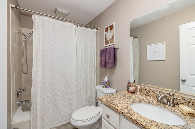 bathroom with toilet, shower / bath combo with shower curtain, a textured ceiling, and vanity