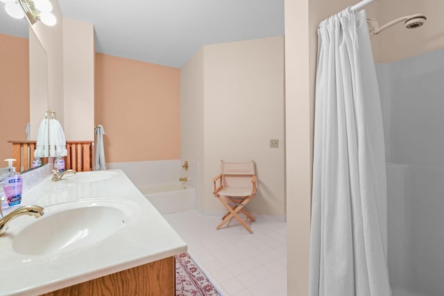 11030 Mississippi Blvd NW Unit 221, Coon Rapids, MN 55433 - full bathroom with tile patterned floors, a bath, double vanity, and a shower with shower curtain
