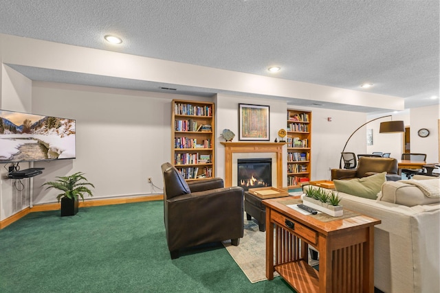 11030 Mississippi Blvd NW Unit 221, Coon Rapids, MN 55433 - carpeted living area featuring a textured ceiling, a glass covered fireplace, recessed lighting, and baseboards
