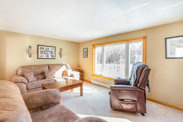 carpeted living room with baseboard heating