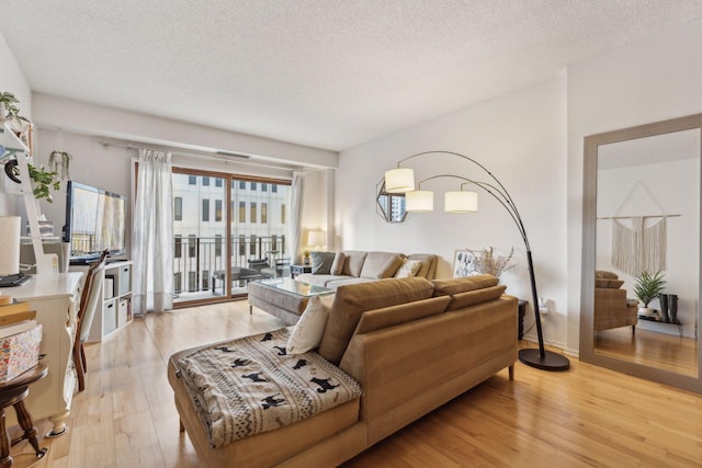 living room with a textured ceiling and light hardwood / wood-style flooring