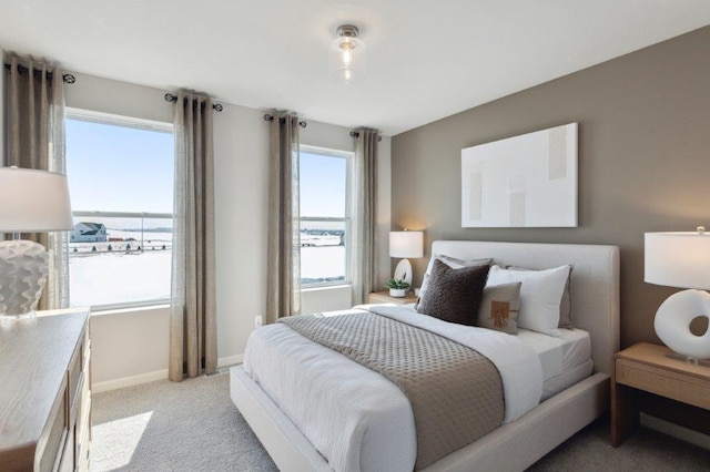 carpeted bedroom with a water view