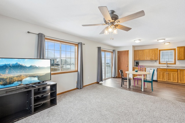 kitchen featuring sink, a textured ceiling, stainless steel dishwasher, carpet flooring, and ceiling fan