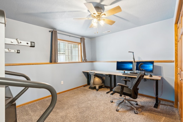 office space with ceiling fan, carpet, and a textured ceiling