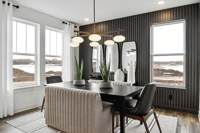 dining space with radiator heating unit and light hardwood / wood-style floors