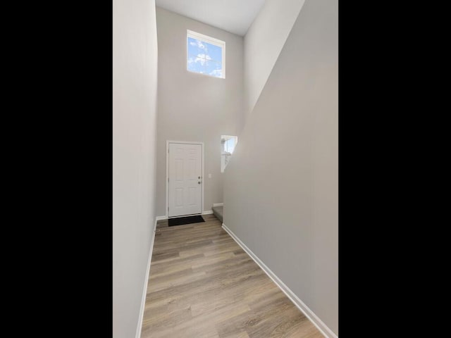 interior space featuring a towering ceiling and light hardwood / wood-style flooring