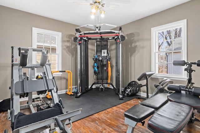 exercise area featuring a ceiling fan and baseboards