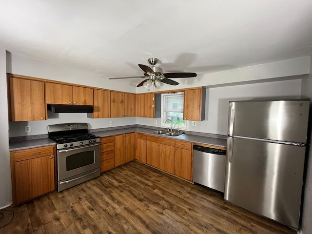 kitchen featuring ceiling fan, appliances with stainless steel finishes, sink, and dark hardwood / wood-style flooring