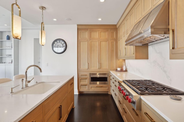 kitchen with wall chimney exhaust hood, sink, decorative light fixtures, appliances with stainless steel finishes, and dark hardwood / wood-style floors