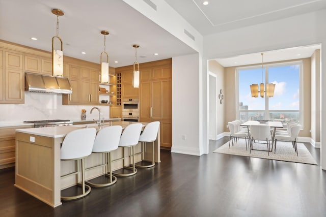 kitchen featuring ventilation hood, a large island with sink, appliances with stainless steel finishes, dark hardwood / wood-style flooring, and pendant lighting