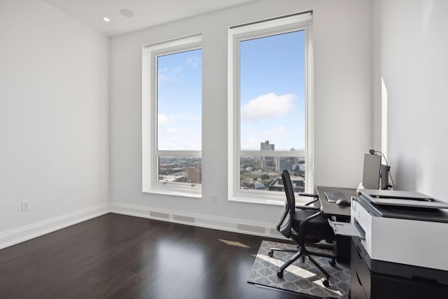 office area with dark hardwood / wood-style flooring