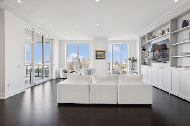 living room with dark hardwood / wood-style flooring and built in features