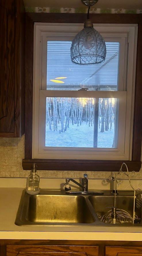 room details with light countertops, tasteful backsplash, a sink, and dark brown cabinets