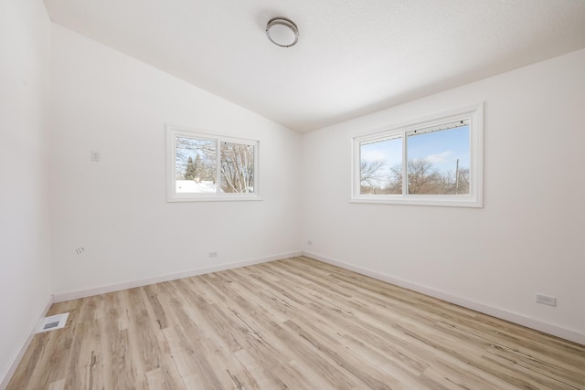 empty room featuring plenty of natural light, light hardwood / wood-style floors, and vaulted ceiling