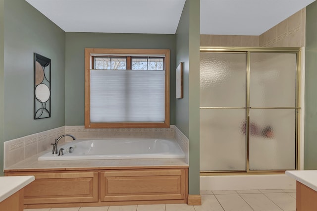 bathroom with vanity, tile patterned floors, and separate shower and tub