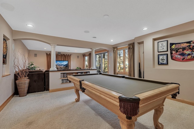 playroom with pool table, decorative columns, and light carpet