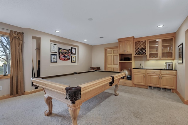 playroom featuring indoor bar, light colored carpet, and billiards