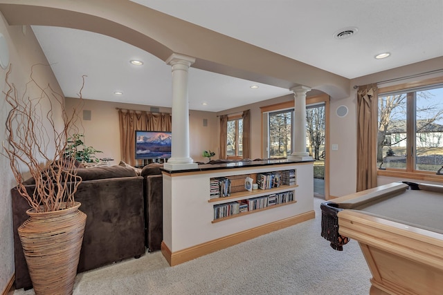 rec room with light carpet, billiards, and ornate columns