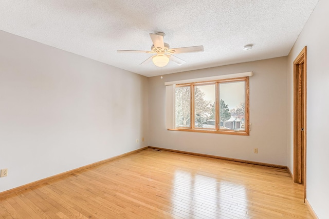 unfurnished room featuring ceiling fan, a textured ceiling, and light hardwood / wood-style floors