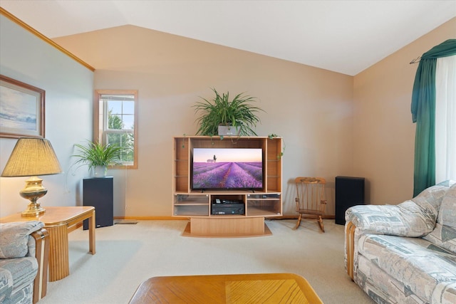 living room featuring lofted ceiling and carpet floors