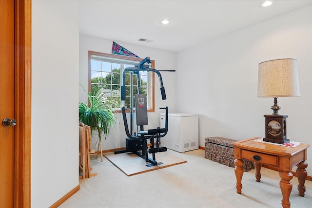 workout area with light colored carpet