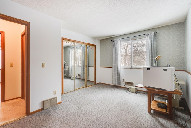 carpeted bedroom featuring a closet, multiple windows, and a textured ceiling