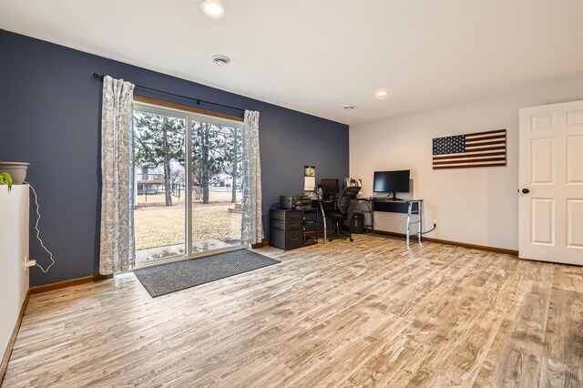 office with recessed lighting, baseboards, and wood finished floors