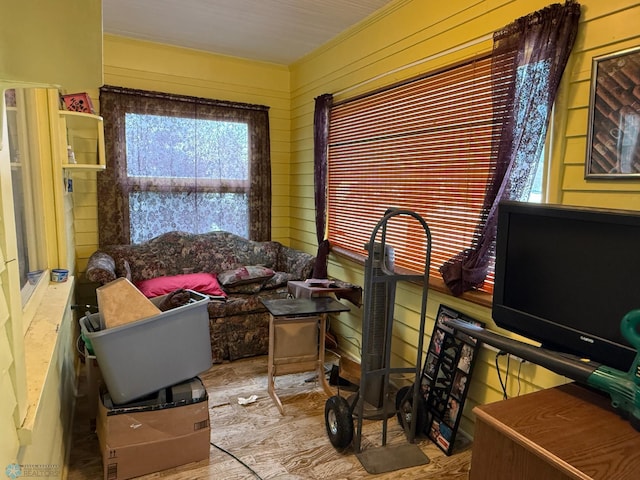 living room featuring wooden walls