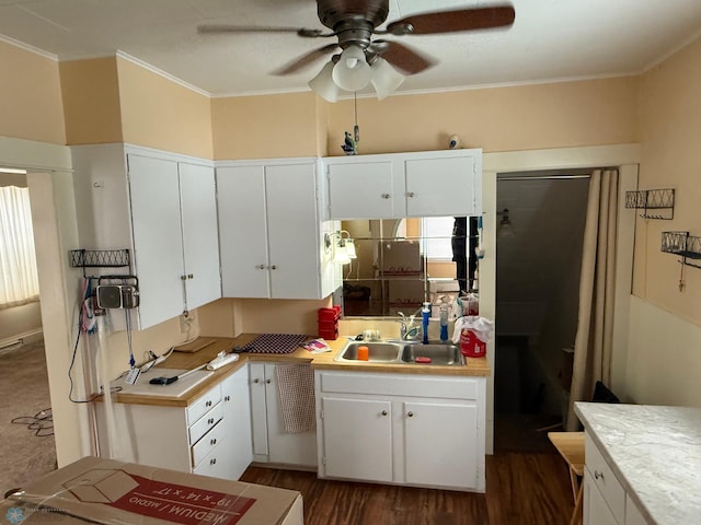 kitchen featuring dark hardwood / wood-style floors, white cabinetry, sink, ornamental molding, and ceiling fan