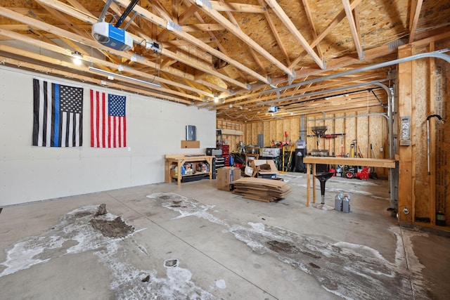 garage featuring a garage door opener and a workshop area