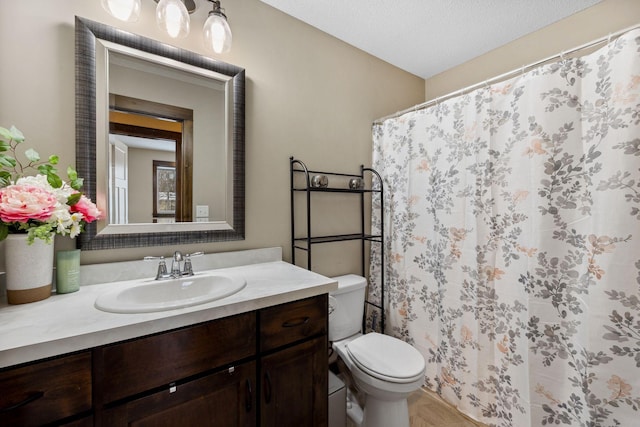 bathroom featuring vanity, a textured ceiling, and toilet