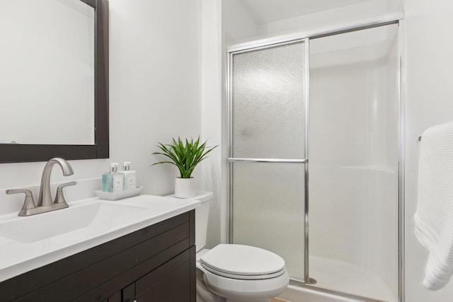 full bathroom featuring vanity, toilet, and a shower stall