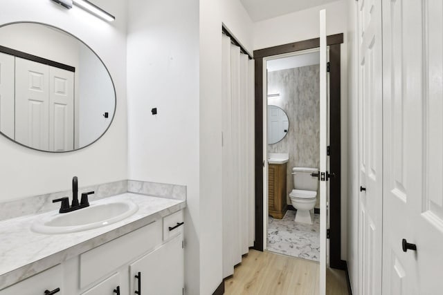 bathroom with hardwood / wood-style flooring, vanity, and toilet