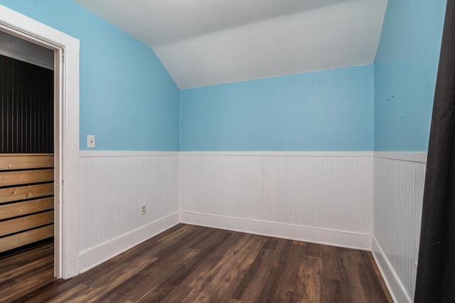 109 3rd St E, Ada, MN 56510 - unfurnished room with wainscoting, lofted ceiling, dark wood-style flooring, and baseboards