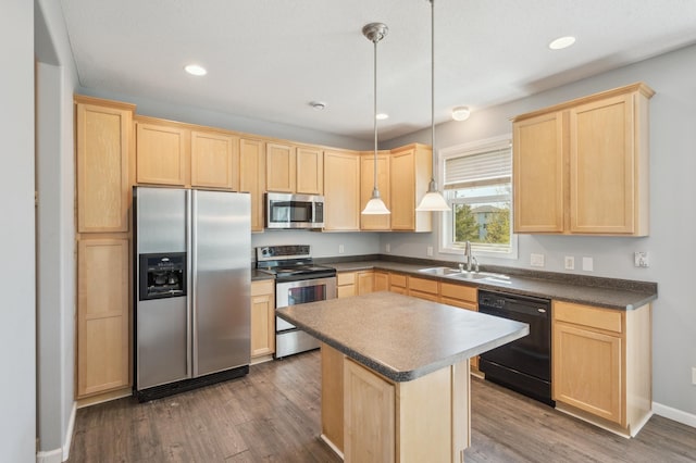6789 Troy Ln N, Maple Grove, MN 55311 - kitchen with stainless steel appliances, light brown cabinets, a sink, dark wood-style floors, and recessed lighting