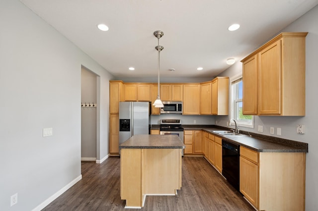 6789 Troy Ln N, Maple Grove, MN 55311 - kitchen featuring stainless steel appliances, a sink, light brown cabinets, dark countertops, and dark wood-type flooring