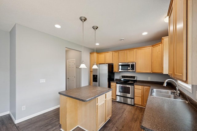 6789 Troy Ln N, Maple Grove, MN 55311 - kitchen featuring stainless steel appliances, dark countertops, a sink, light brown cabinets, and recessed lighting