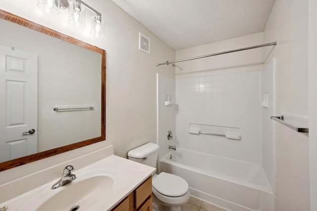 6789 Troy Ln N, Maple Grove, MN 55311 - bathroom featuring vanity, toilet, bathing tub / shower combination, a textured ceiling, and tile patterned floors