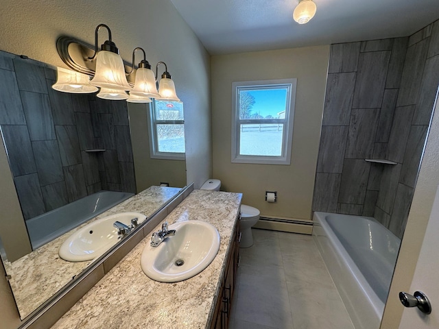 bathroom featuring a chandelier, toilet, a baseboard heating unit, vanity, and tile patterned floors