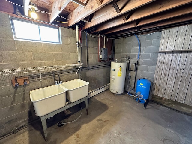 basement with electric panel and electric water heater