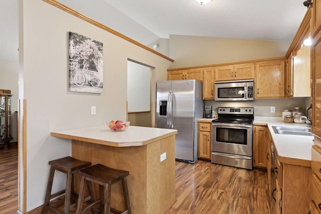 kitchen featuring light countertops, appliances with stainless steel finishes, a sink, wood finished floors, and a peninsula