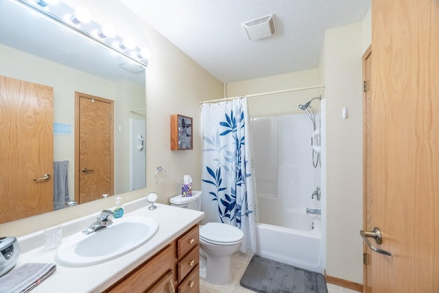 full bathroom with vanity, shower / bathtub combination with curtain, a textured ceiling, and toilet