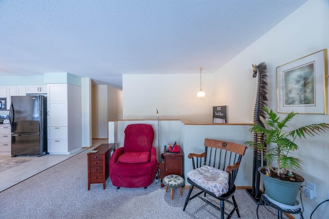 living area featuring light carpet and a textured ceiling