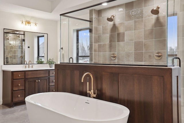 bathroom with vanity and separate shower and tub