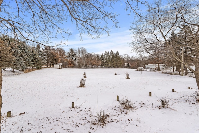 yard covered in snow featuring a storage shed