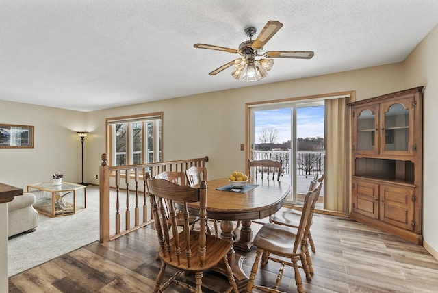 dining space featuring ceiling fan, light hardwood / wood-style floors, and a textured ceiling