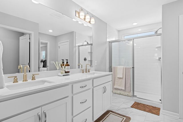 bathroom featuring vanity and walk in shower