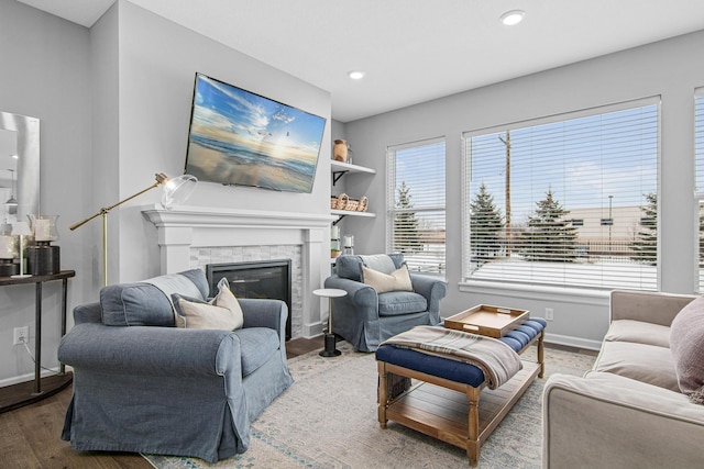 living room featuring a stone fireplace, plenty of natural light, wood finished floors, and baseboards