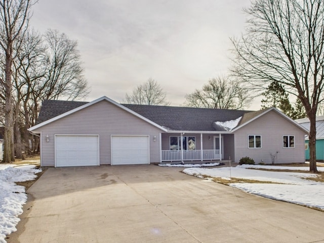 single story home featuring concrete driveway, a garage, covered porch, and a shingled roof